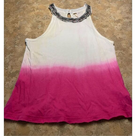 37- FREE PEOPLE PINK & WHITE OMBRÉ BEADED NECKLINE BOHO SWING TANK TOP - Picture 1 of 5